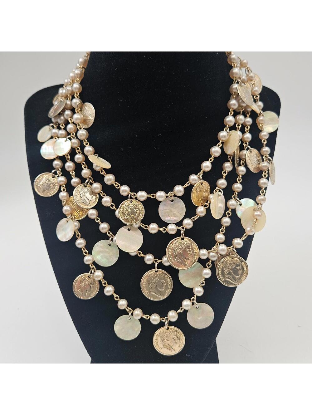 Vintage Coin & Mother of Pearl Charm Necklace Multi-Strand Gold Tone 80 g